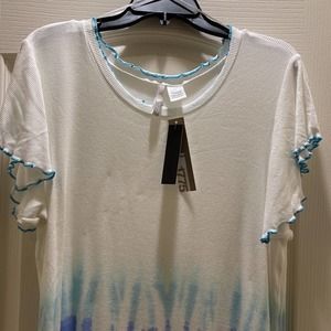 NWT 1775 blue combo Tie Dye S/S Top with Embroidered neckline,Sleeve,bottom Hem
